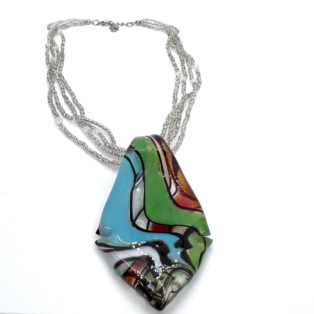 Y2k Dichroic Art Glass Teardrop Pendant Seed Bead Necklace